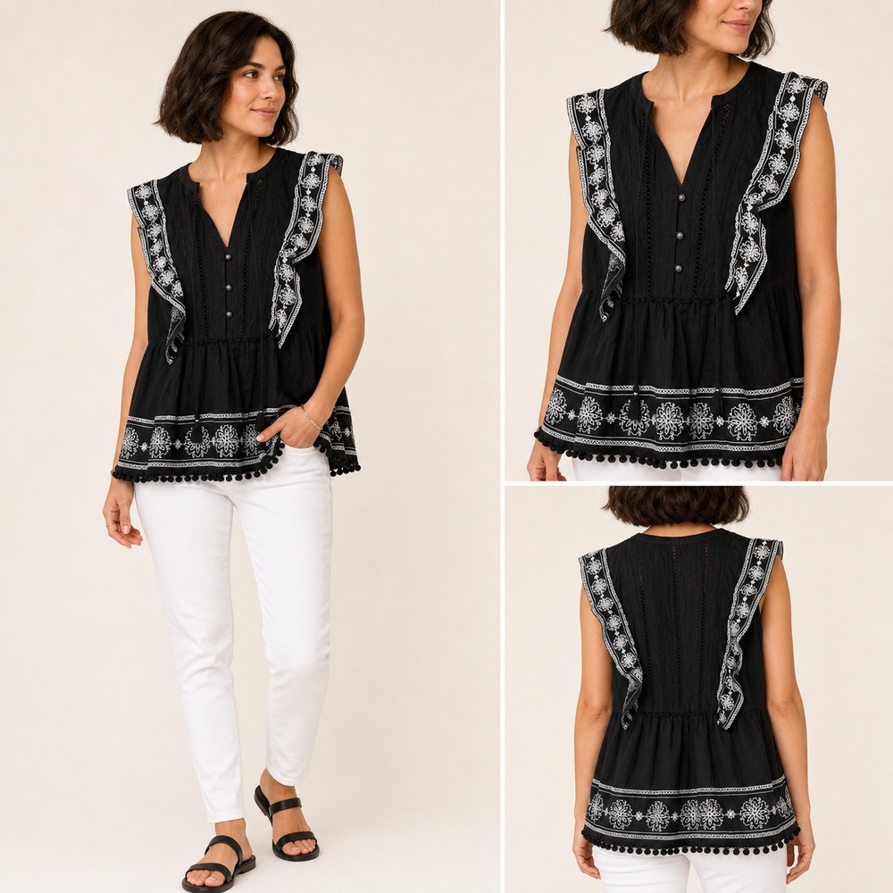 Anthropologie Akemi + Kin Adelina Embroidered Blouse 4 Ruffle Pom Pom Tassel
